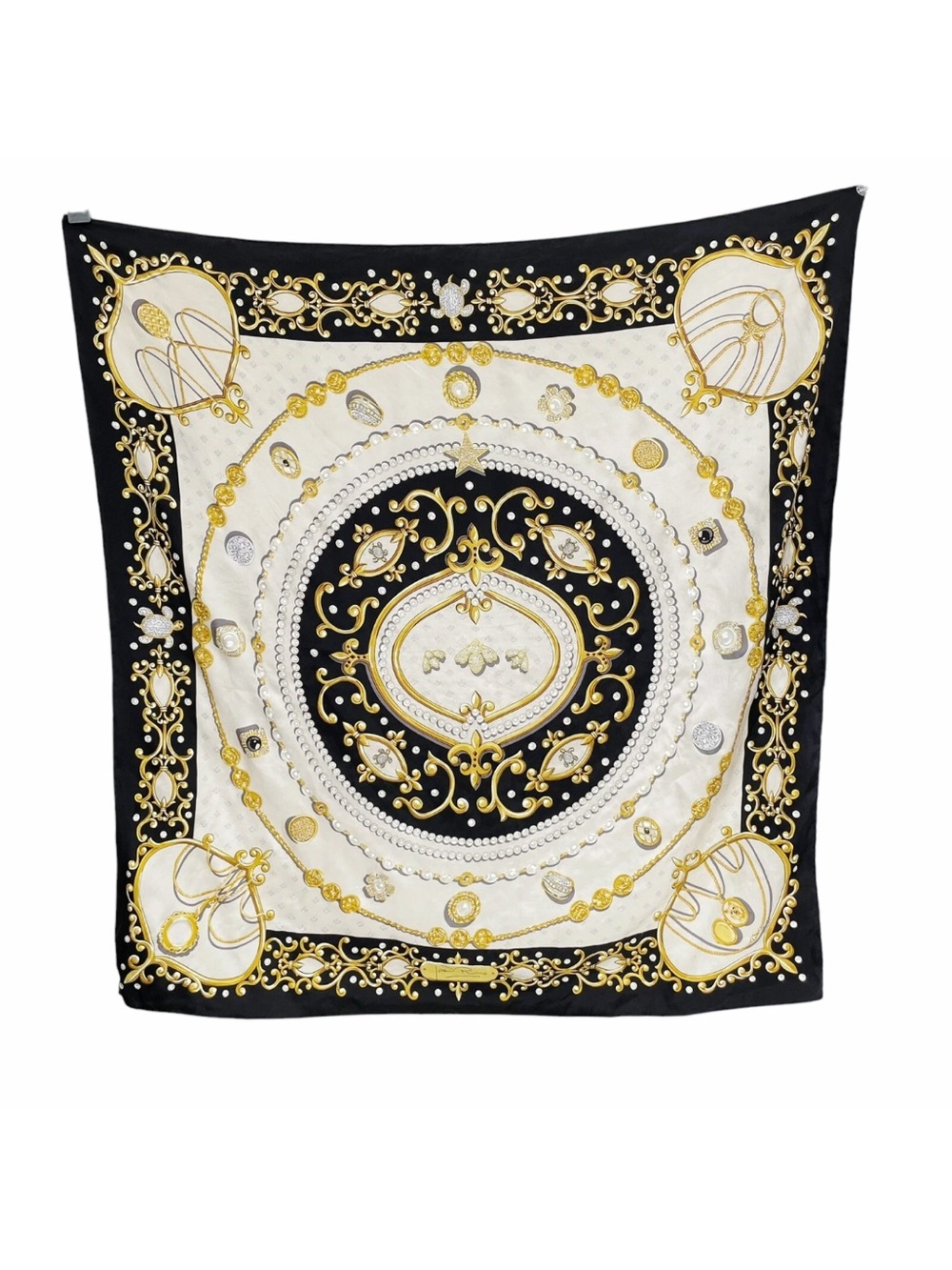 Vintage 90s Joan Rivers Classics Collection 100% Silk Square Scarf Black Gold